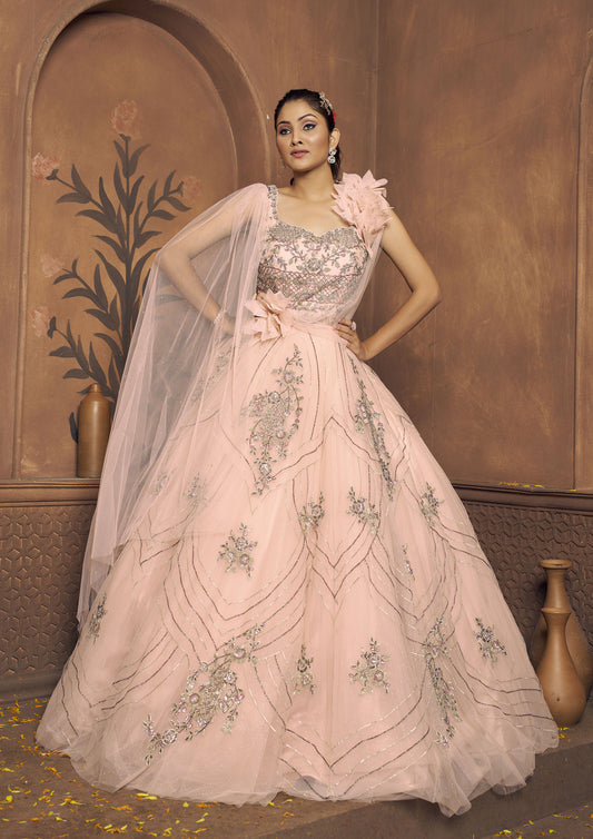 Designer Peach Color Net Hand Work Gown For Reception