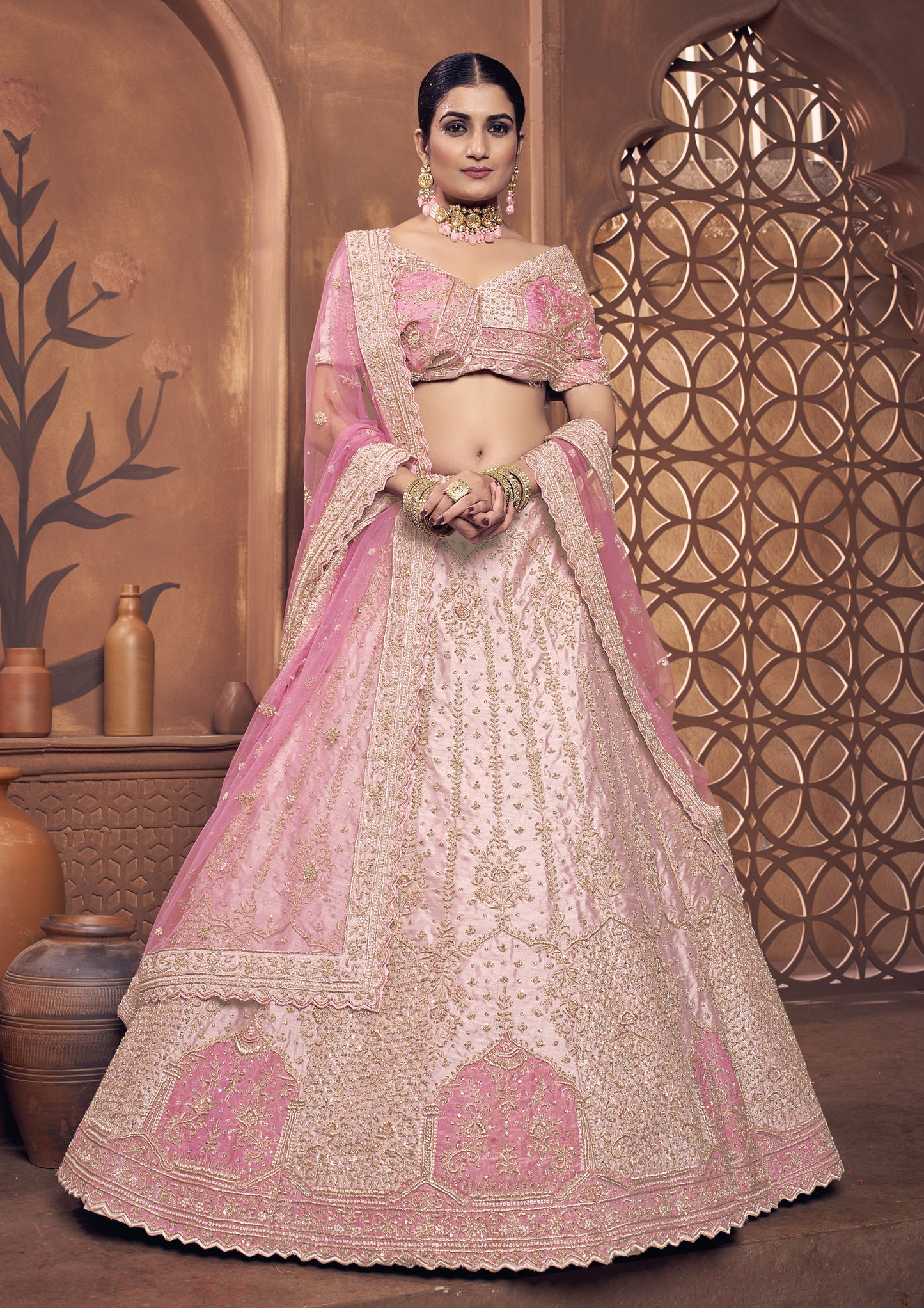 Baby Pink Color Raw Silk Hand Work Lehenga For Bride