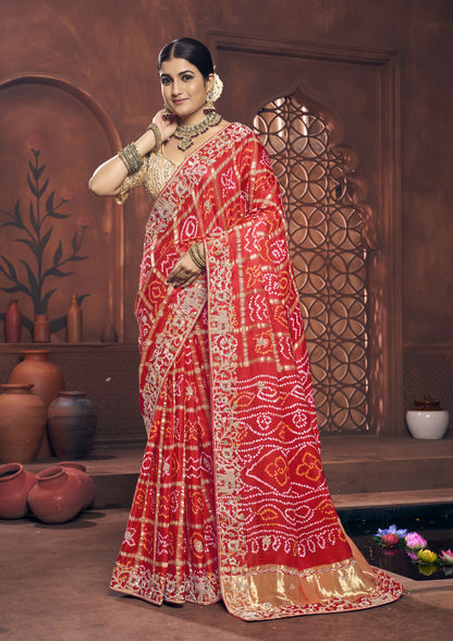 Red Color Gajji Silk Hand Work Bandhani Saree