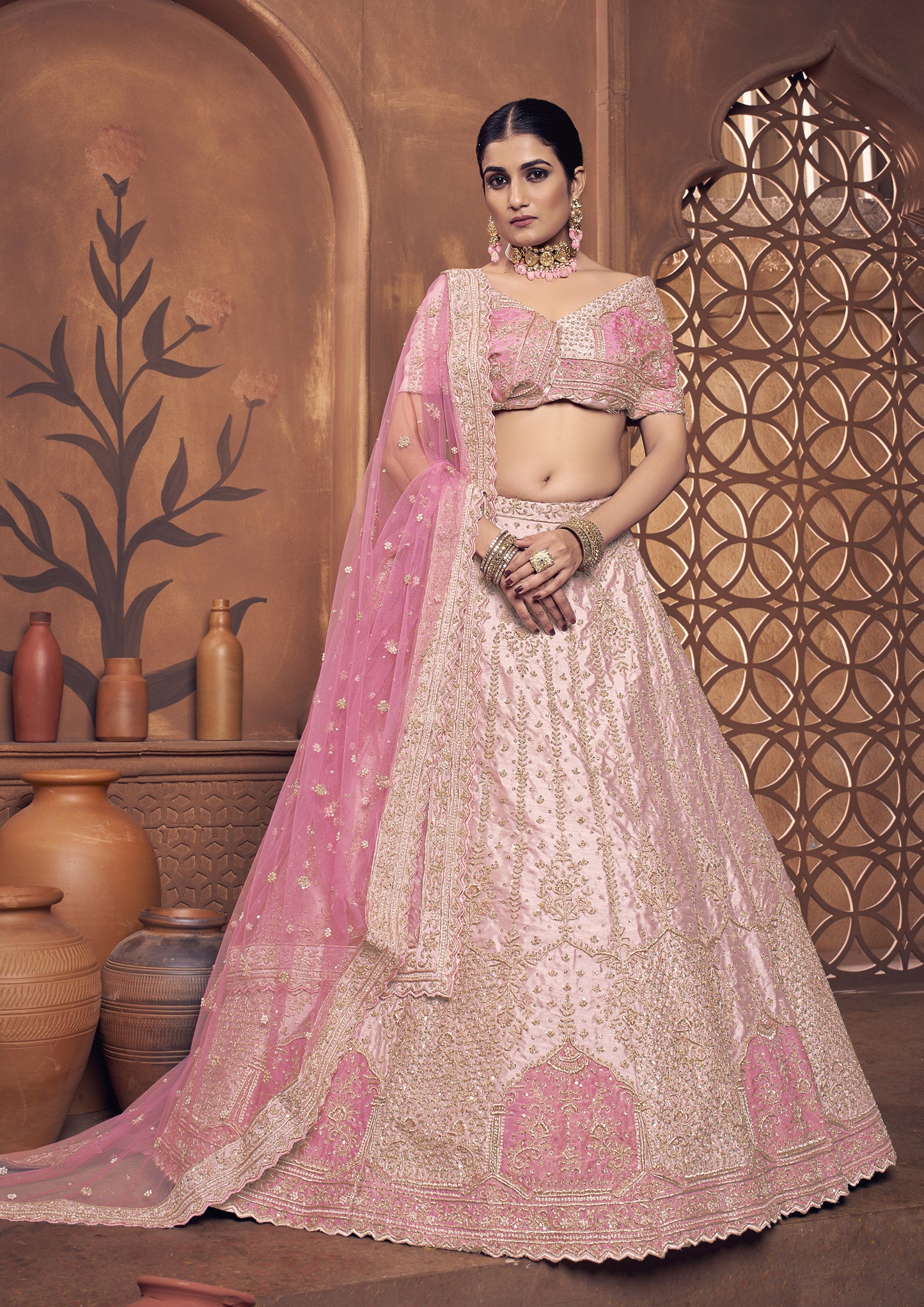 Baby Pink Color Raw Silk Hand Work Lehenga For Bride