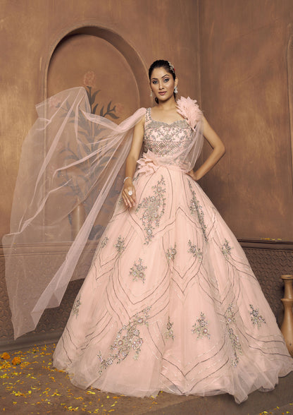 Designer Peach Color Net Hand Work Gown For Reception