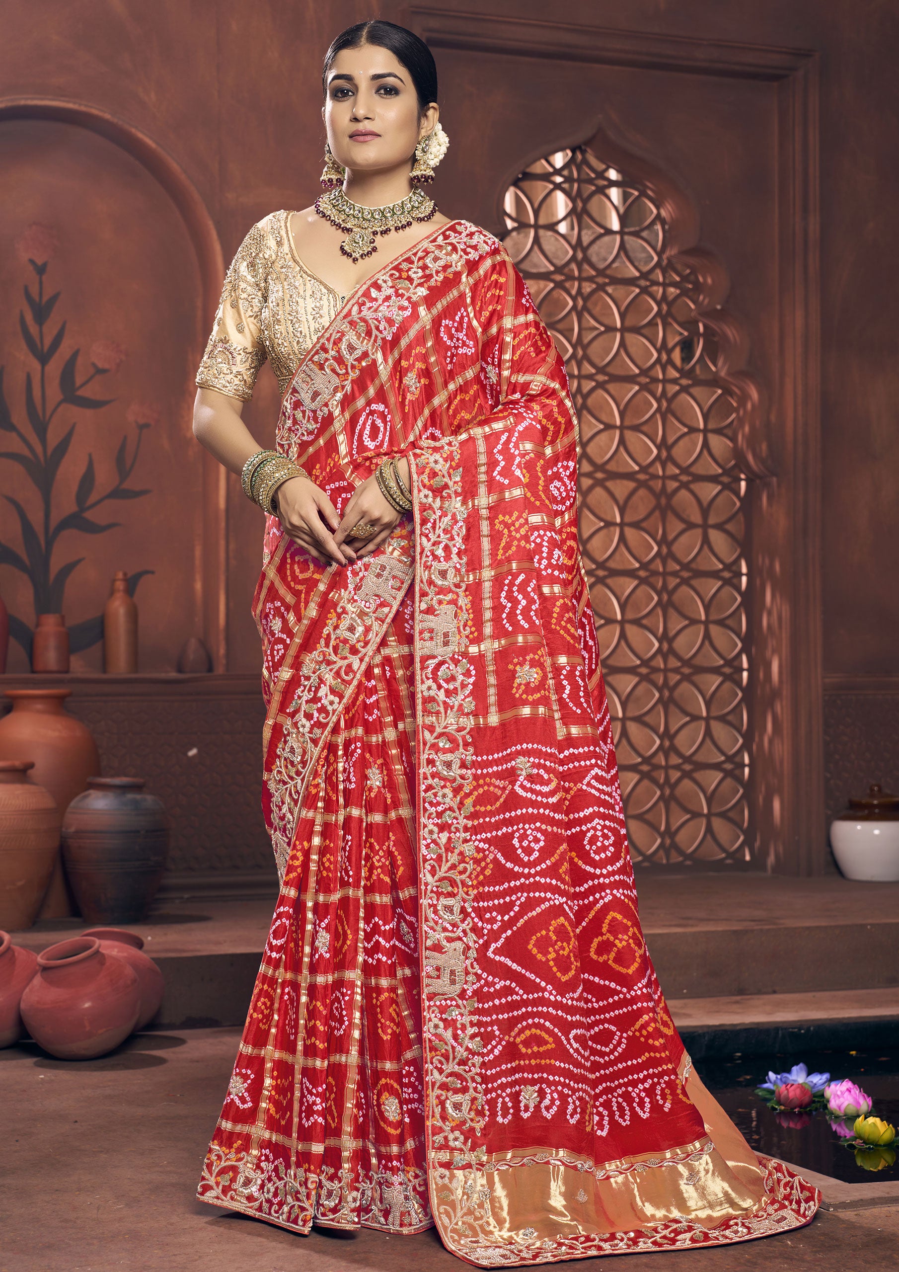 Red Color Gajji Silk Hand Work Bandhani Saree