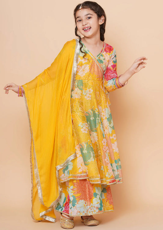 Daughter Yellow Color Chanderi Silk Floral Print Anarkali Suit