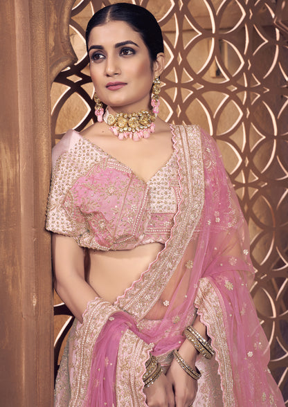 Baby Pink Color Raw Silk Hand Work Lehenga For Bride