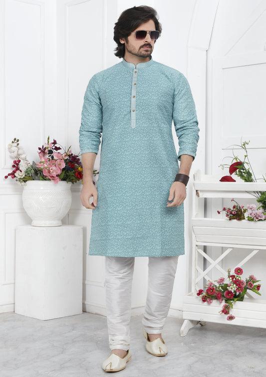 Blue Color Jacquard Silk Brocade Kurta Pajama