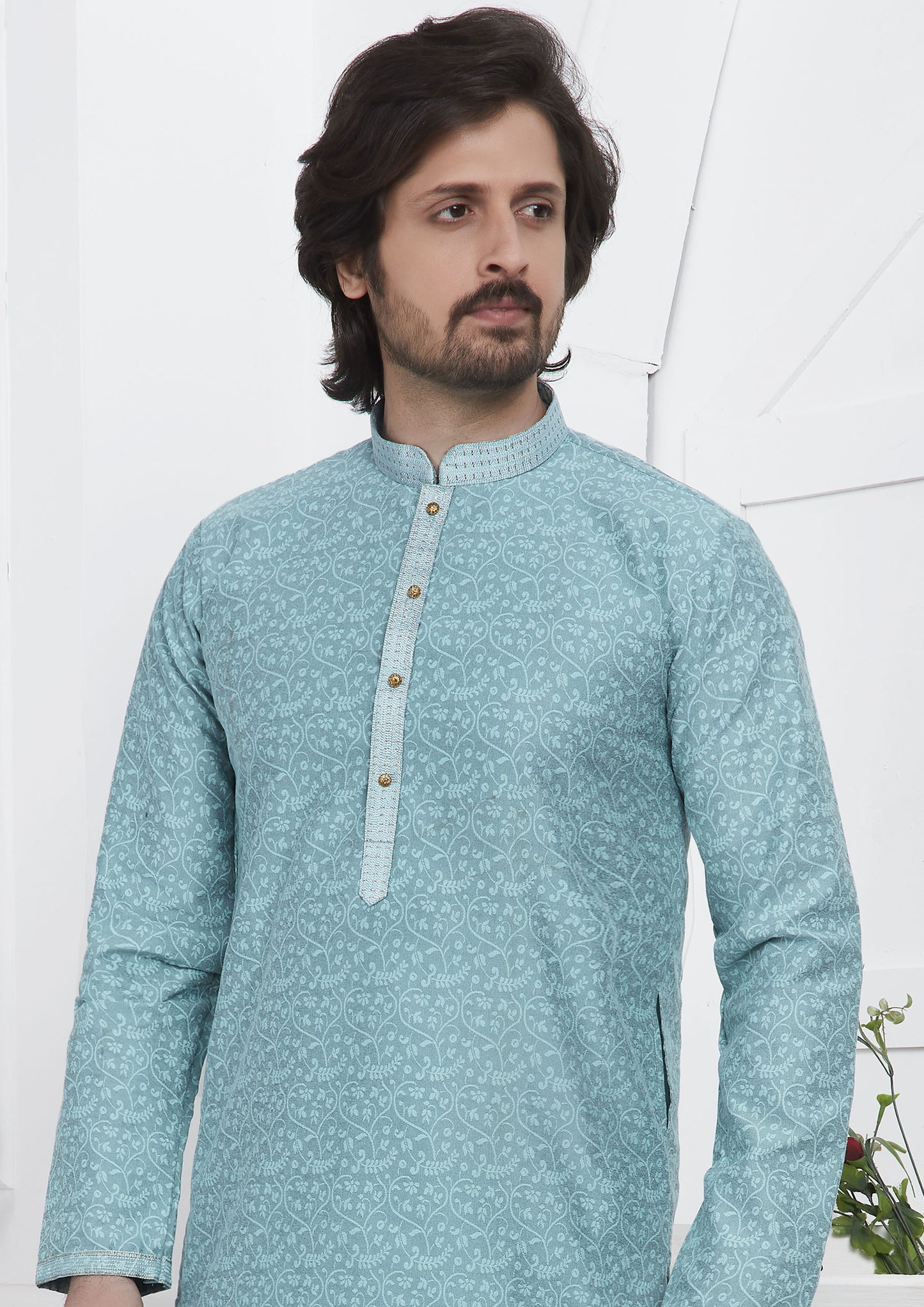 Blue Color Jacquard Silk Brocade Kurta Pajama