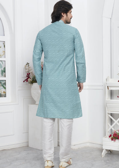 Blue Color Jacquard Silk Brocade Kurta Pajama