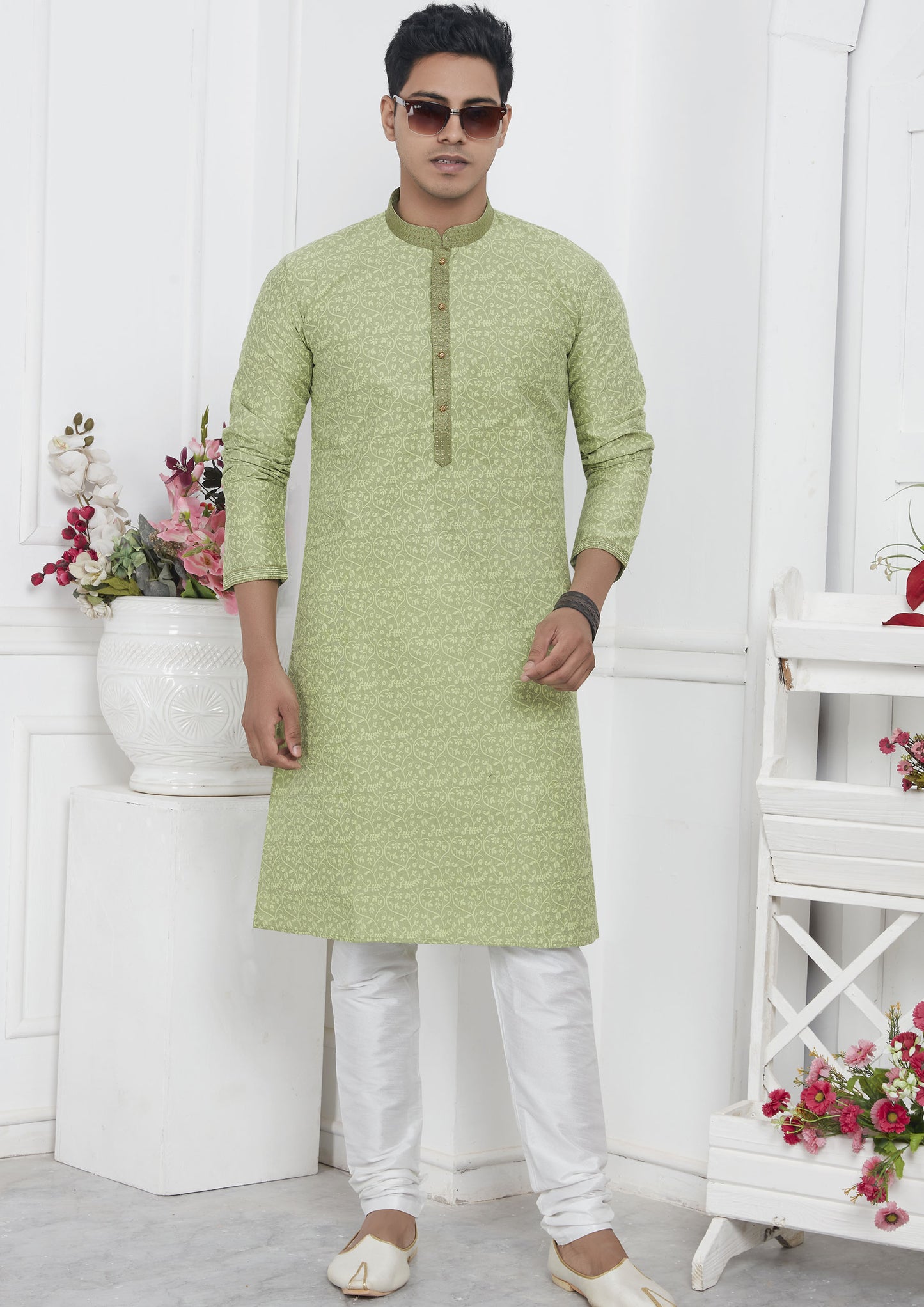 Pista Green Color Jacquard Silk Brocade Kurta Pajama