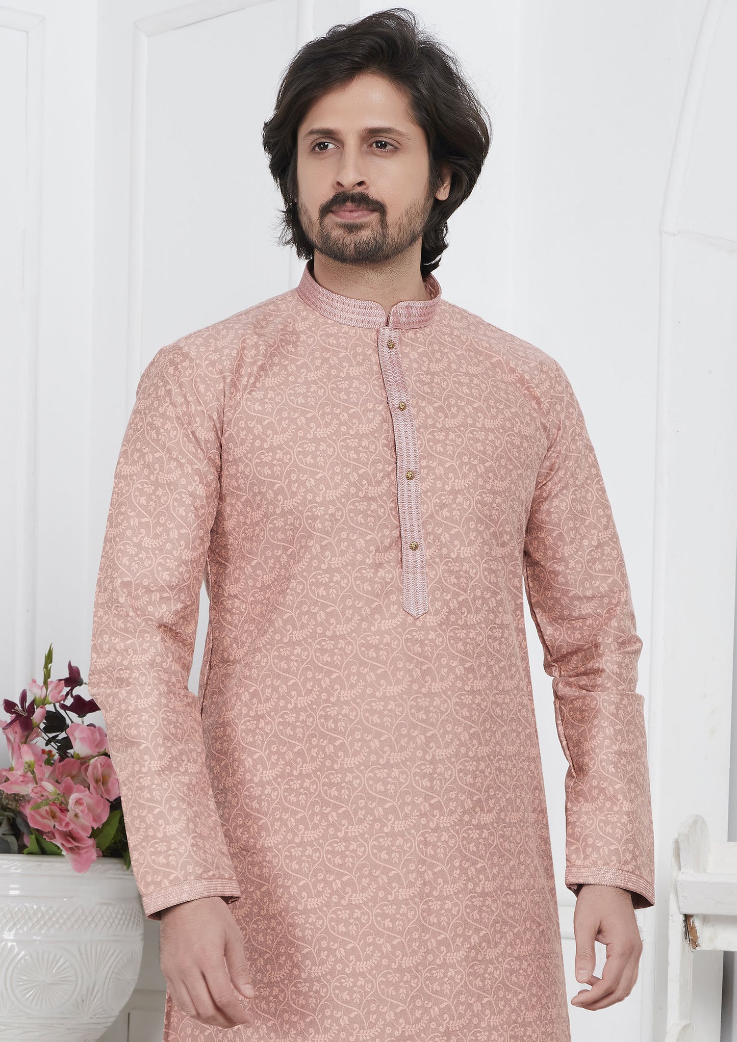 Pink Color Jacquard Silk Brocade Kurta Pajama