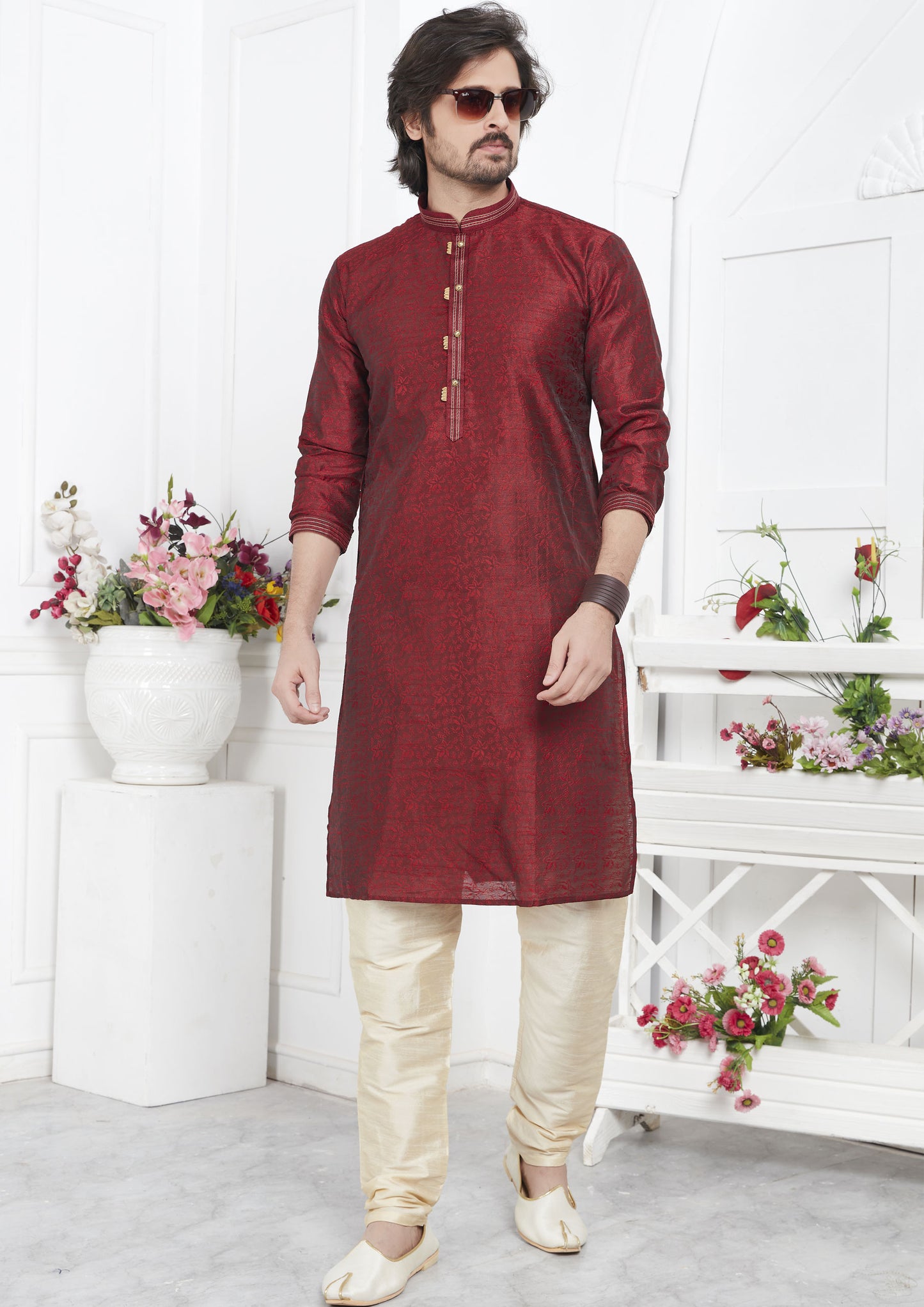 Maroon Color Jacquard Silk Brocade Kurta Pajama