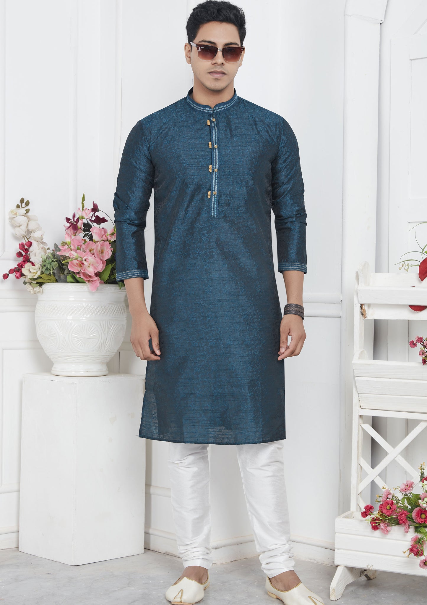 Teal Color Jacquard Silk Brocade Kurta Pajama