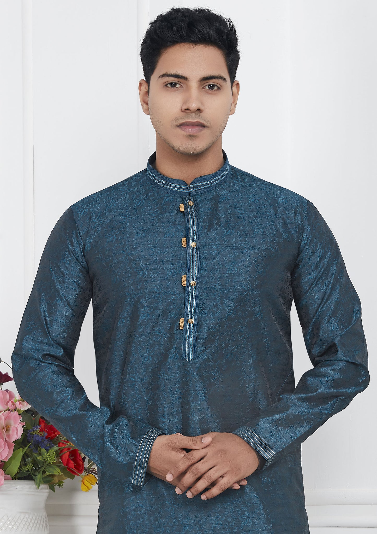 Teal Color Jacquard Silk Brocade Kurta Pajama