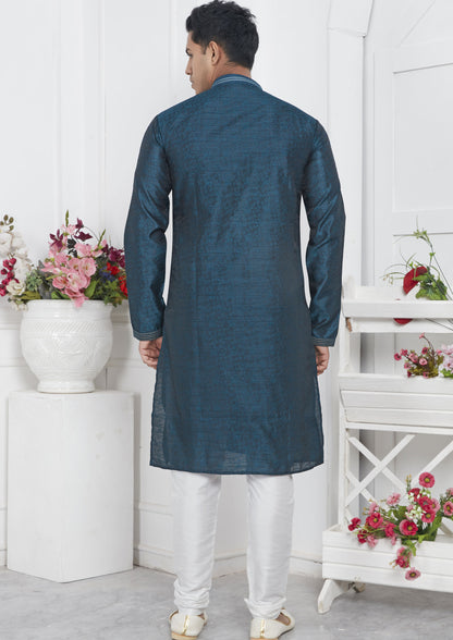 Teal Color Jacquard Silk Brocade Kurta Pajama