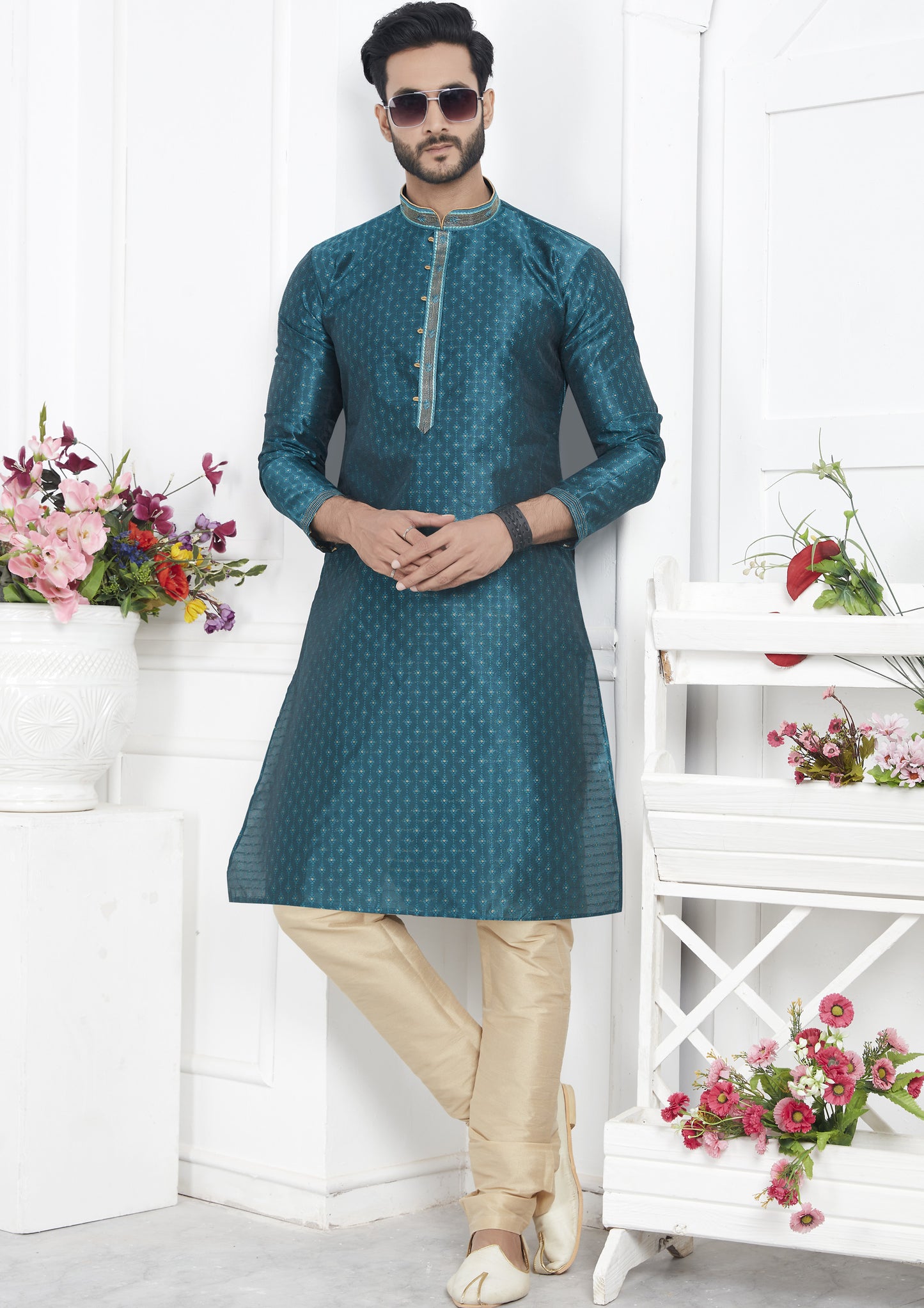 Teal Color Jacquard Silk Brocade Kurta Pajama