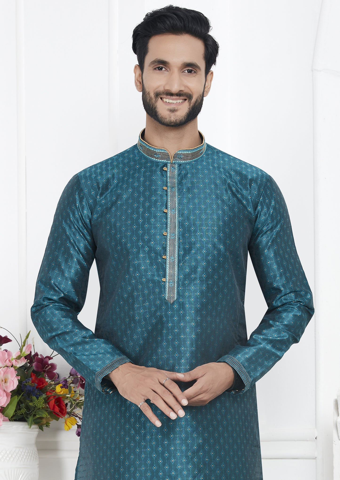 Teal Color Jacquard Silk Brocade Kurta Pajama