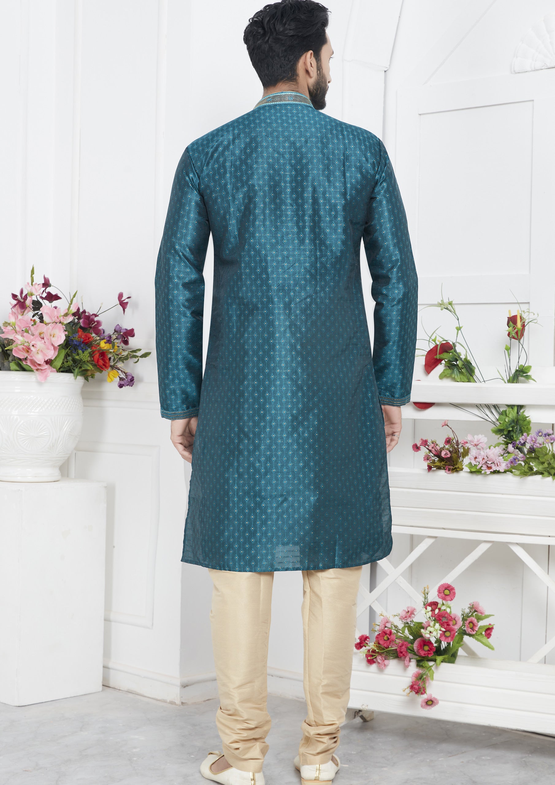 Teal Color Jacquard Silk Brocade Kurta Pajama