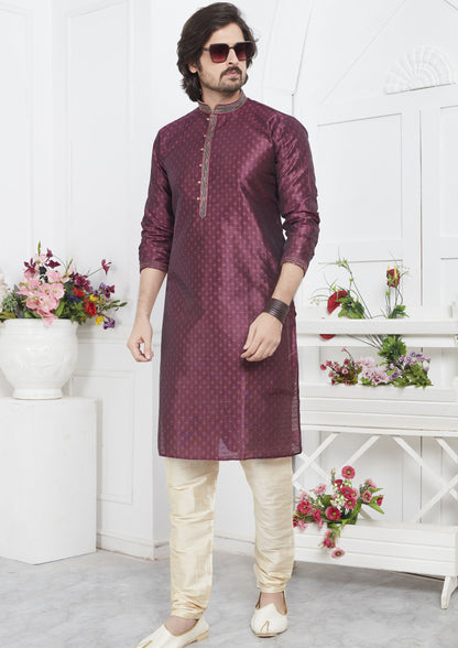 Magenta Color Jacquard Silk Brocade Kurta Pajama For Mens