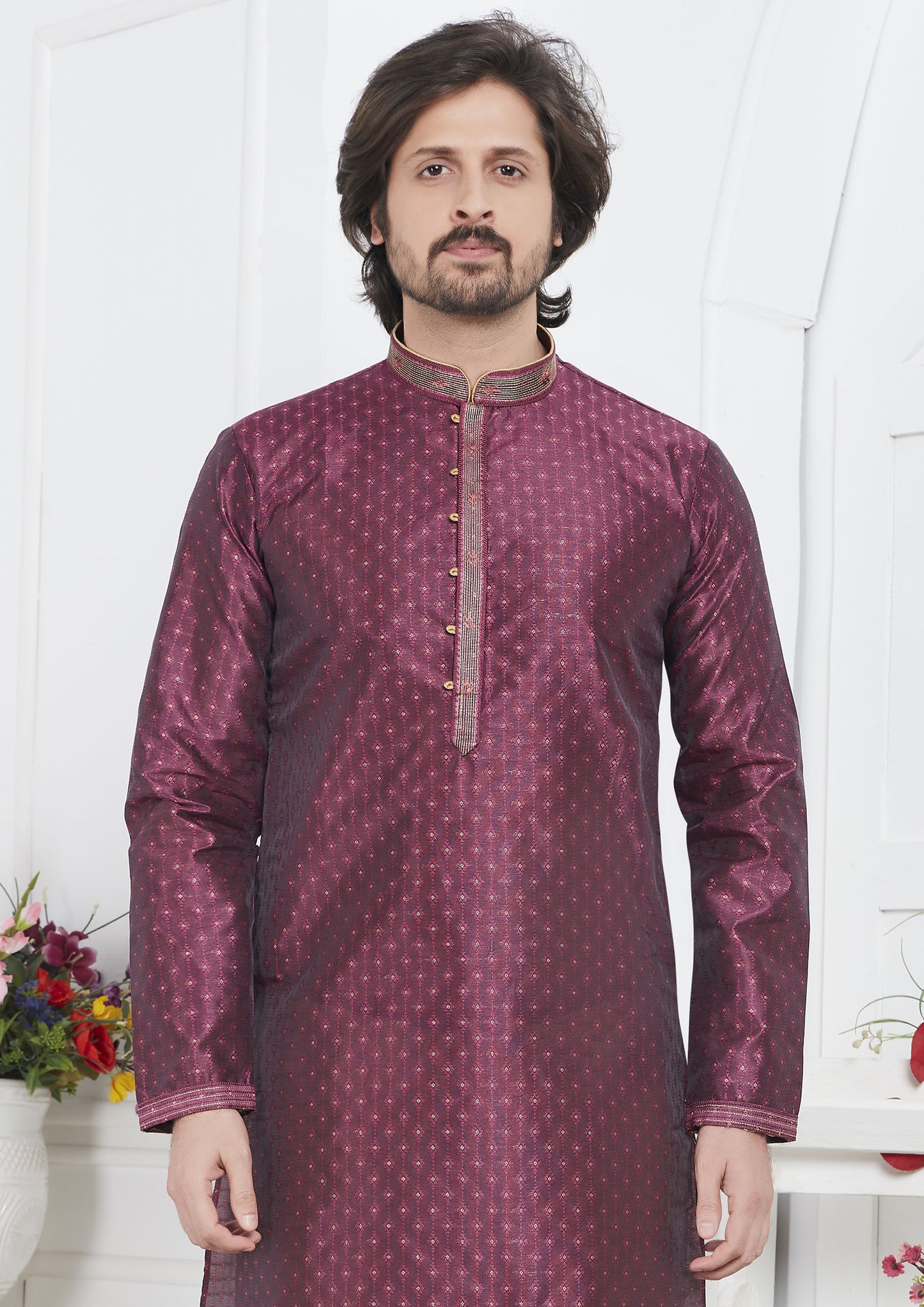 Magenta Color Jacquard Silk Brocade Kurta Pajama For Mens