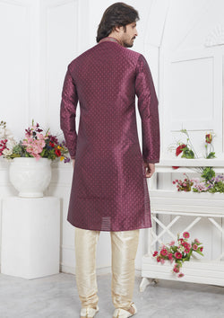 Magenta Color Jacquard Silk Brocade Kurta Pajama For Mens