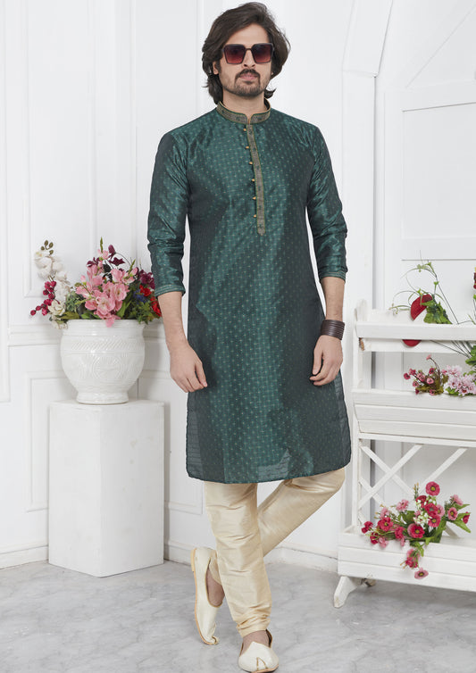 Green Color Jacquard Silk Brocade Kurta Pajama