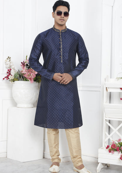 Navy Blue Color Jacquard Silk Brocade Kurta Pajama