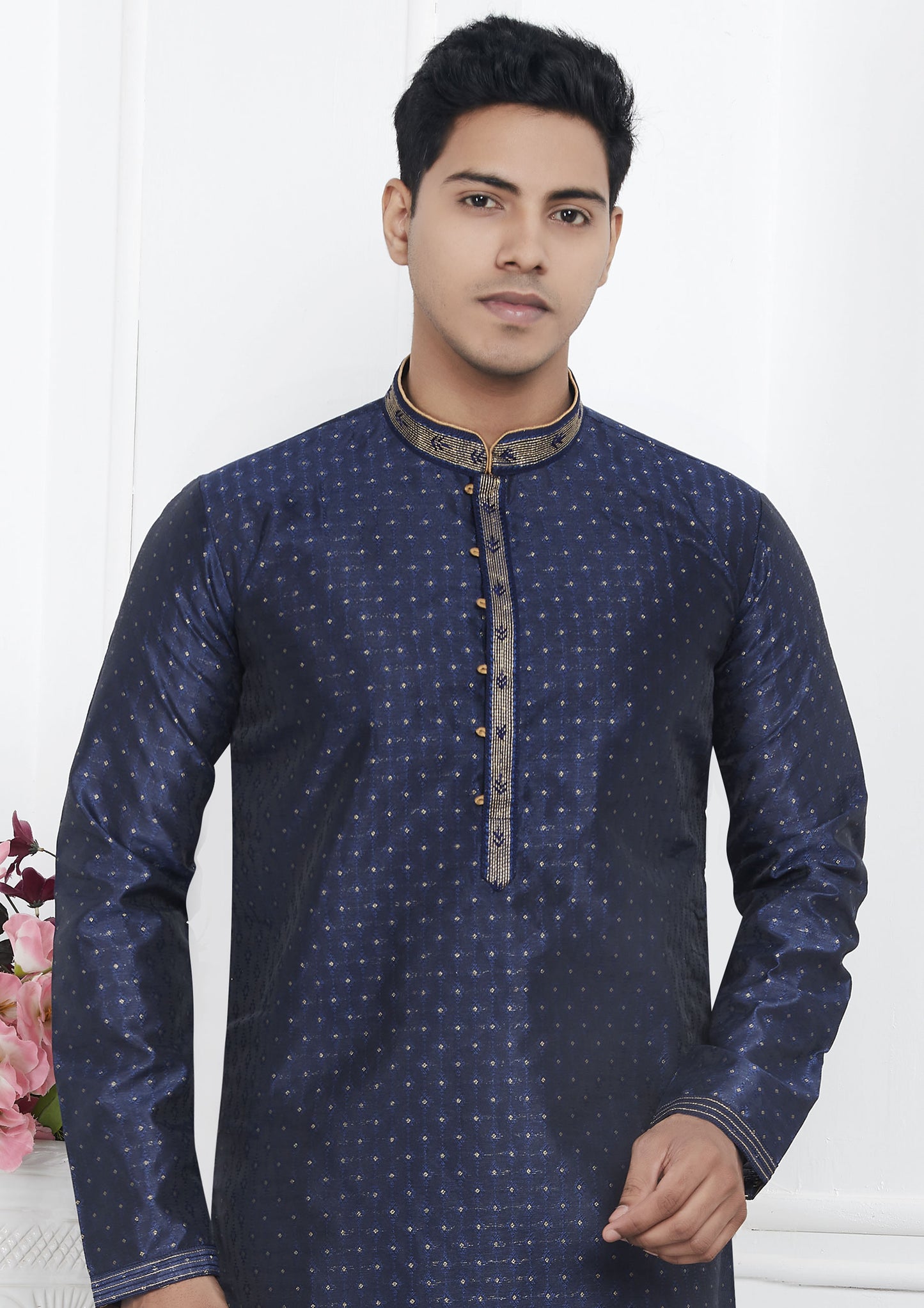 Navy Blue Color Jacquard Silk Brocade Kurta Pajama