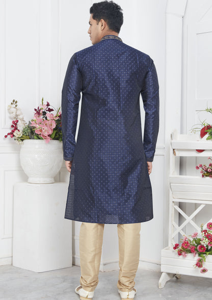 Navy Blue Color Jacquard Silk Brocade Kurta Pajama