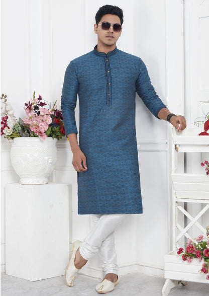 Blue Color Jacquard Silk Brocade Kurta Pajama