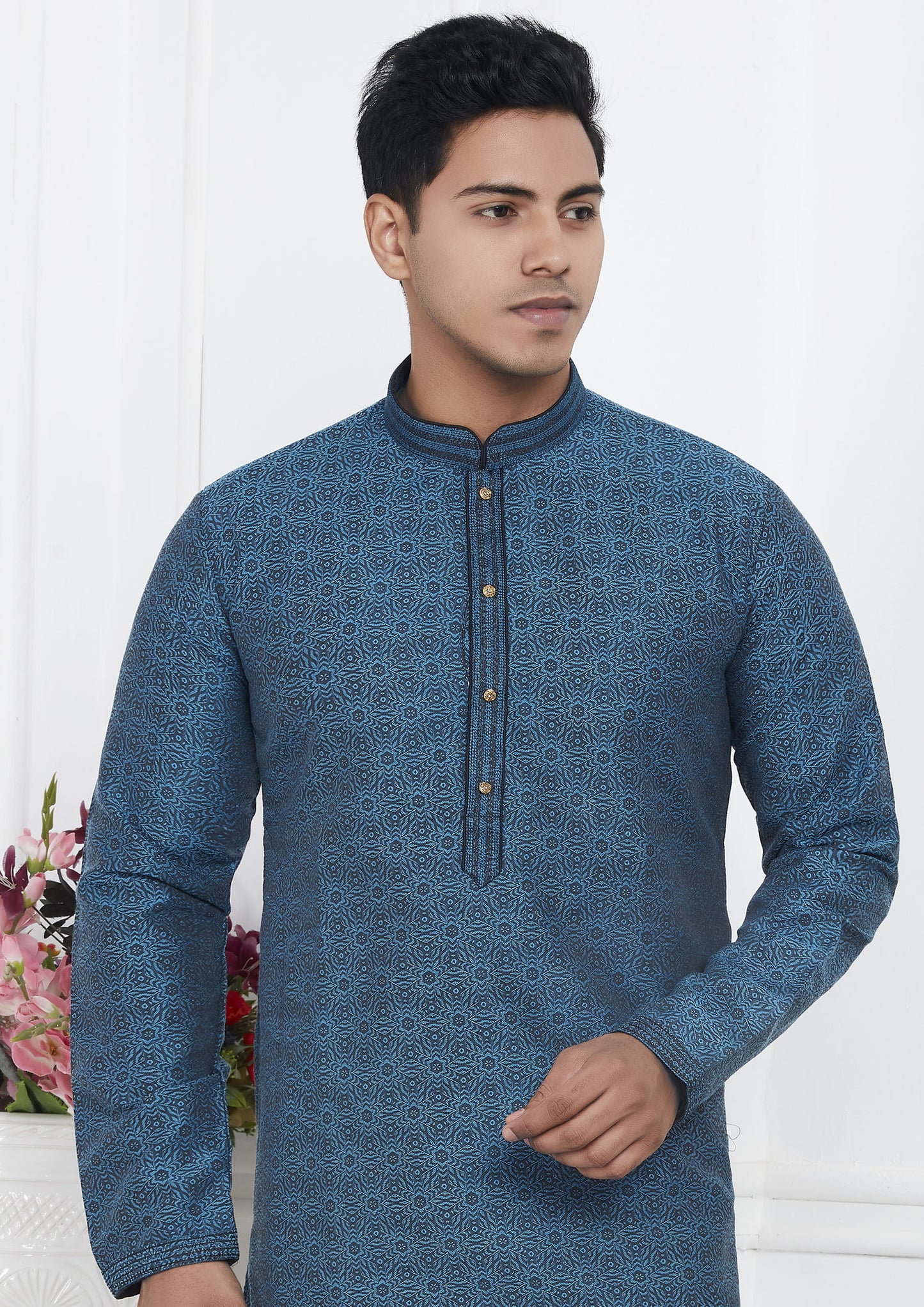 Blue Color Jacquard Silk Brocade Kurta Pajama