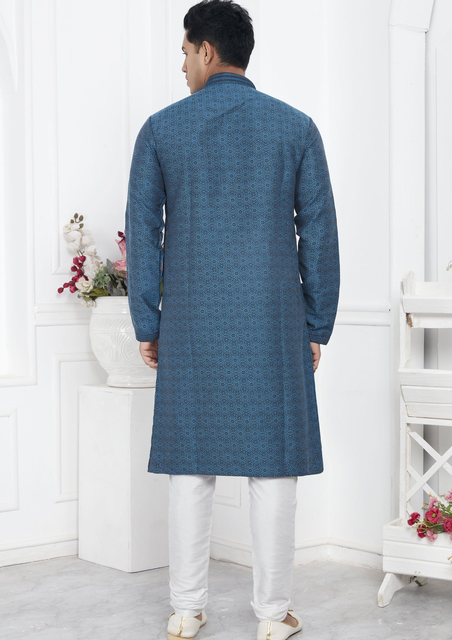 Blue Color Jacquard Silk Brocade Kurta Pajama