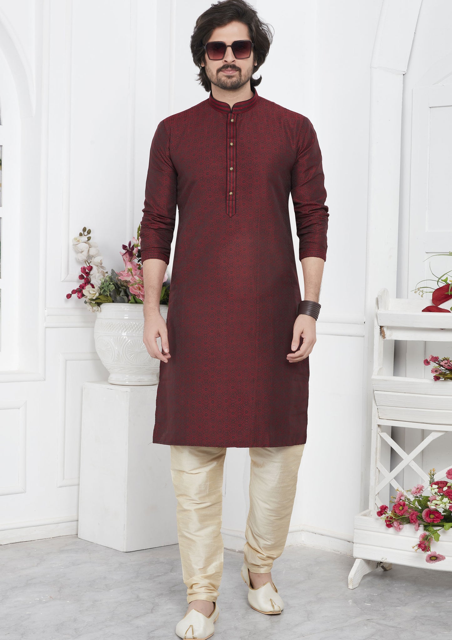 Wine Color Jacquard Silk Brocade Kurta Pajama