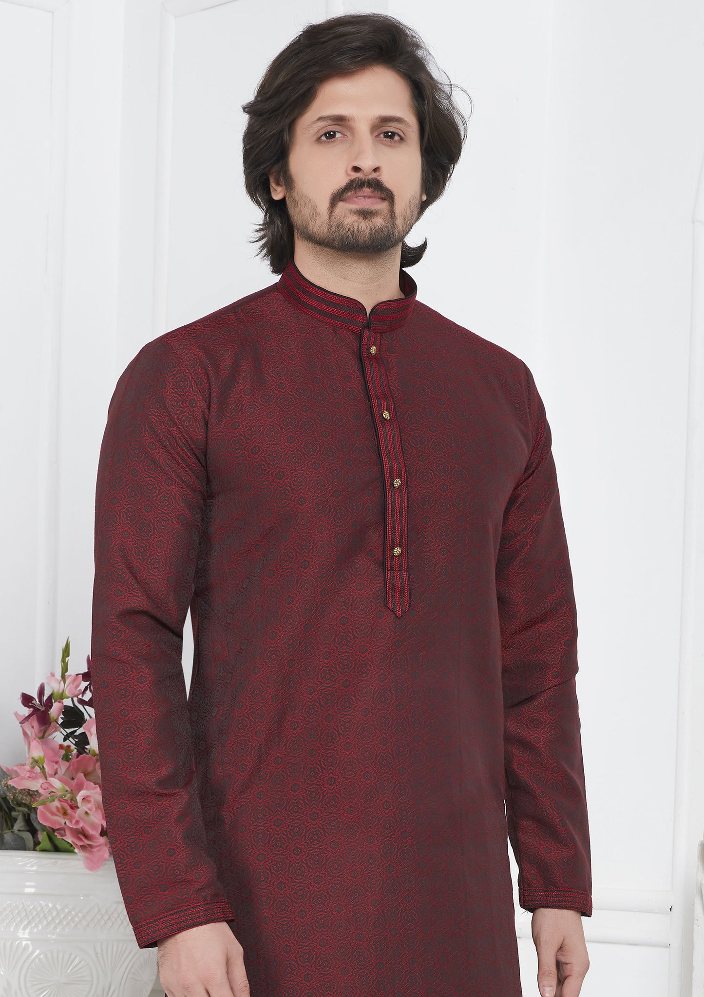 Wine Color Jacquard Silk Brocade Kurta Pajama