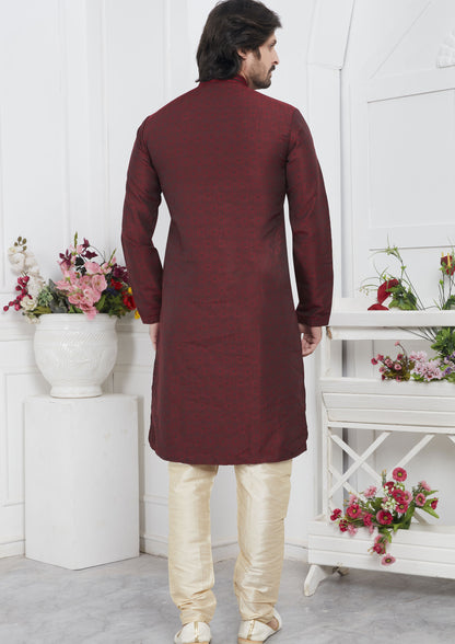 Wine Color Jacquard Silk Brocade Kurta Pajama