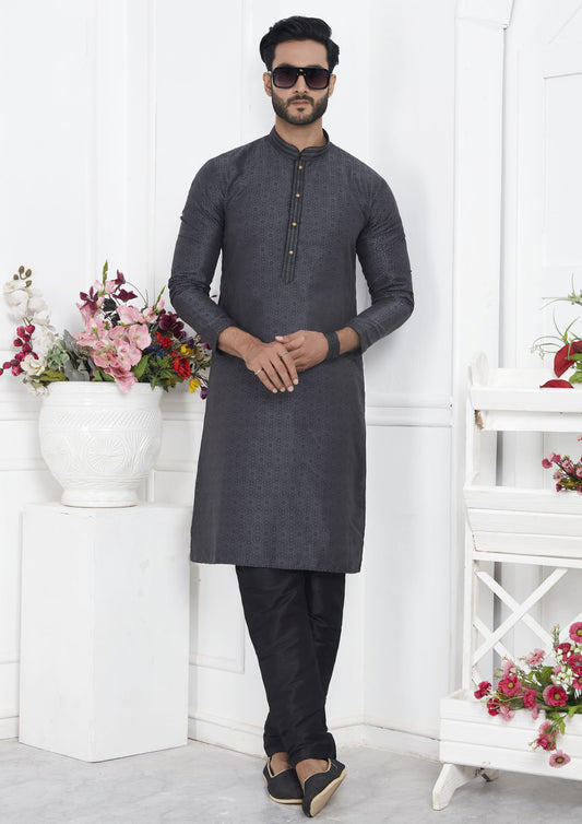 Black Color Jacquard Silk Brocade Kurta Pajama For Mens