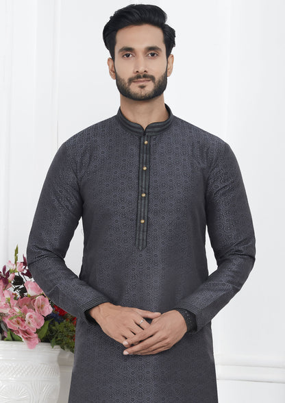 Black Color Jacquard Silk Brocade Kurta Pajama For Mens