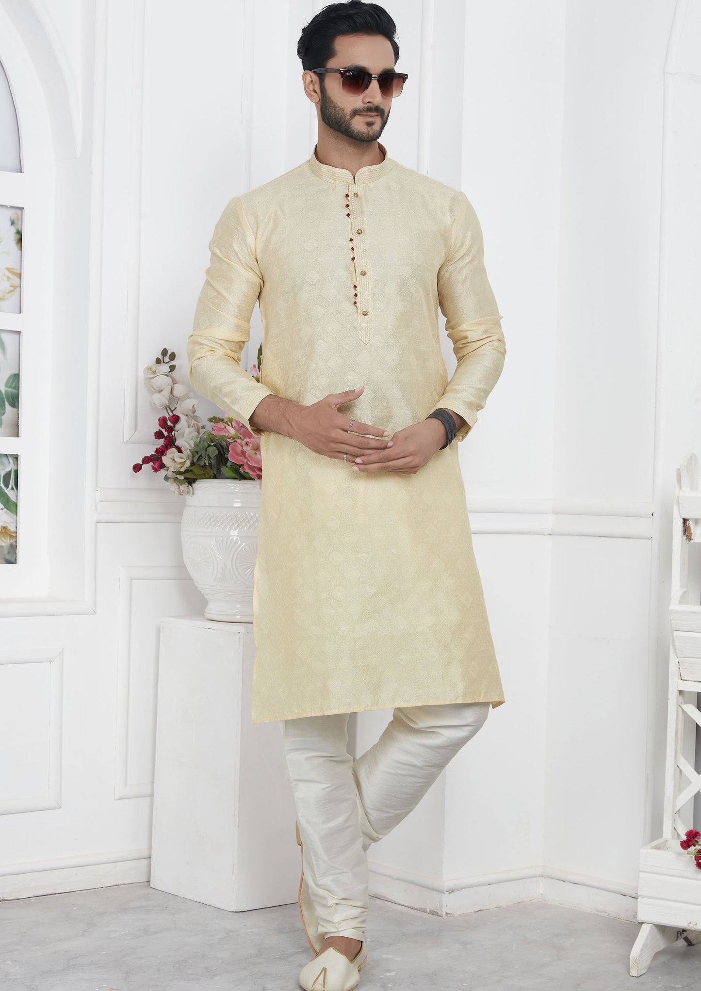 Cream Color Jacquard Silk Brocade Kurta Pajama