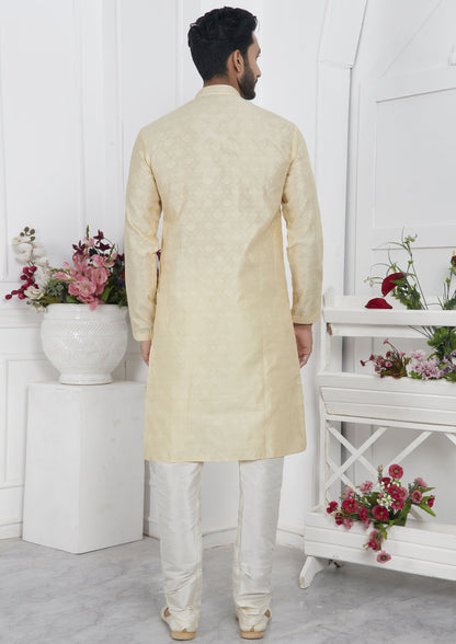 Cream Color Jacquard Silk Brocade Kurta Pajama