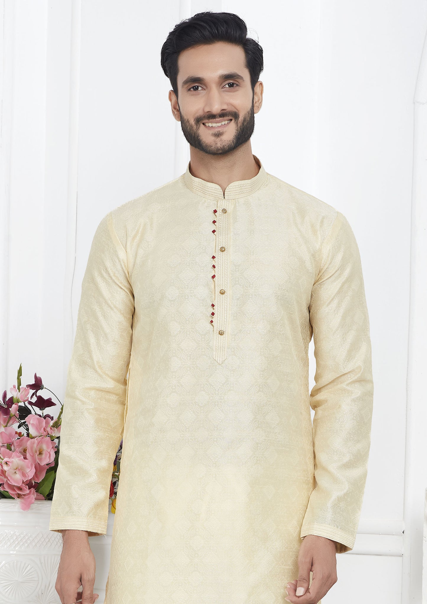 Cream Color Jacquard Silk Brocade Kurta Pajama