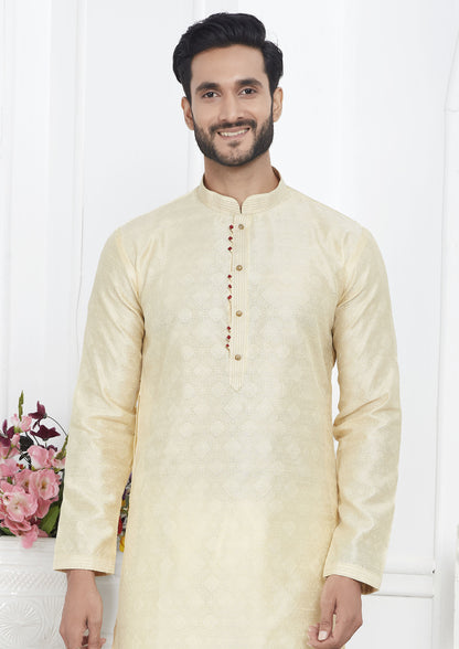 Cream Color Jacquard Silk Brocade Kurta Pajama