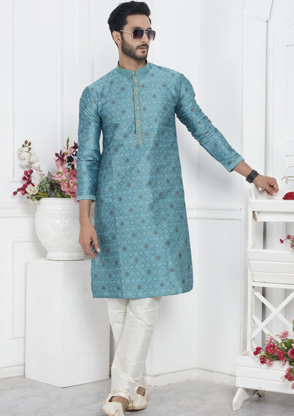 Sky Blue Color Jacquard Silk Brocade Kurta Pajama