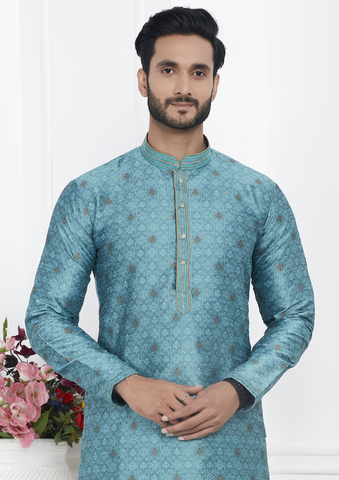 Sky Blue Color Jacquard Silk Brocade Kurta Pajama