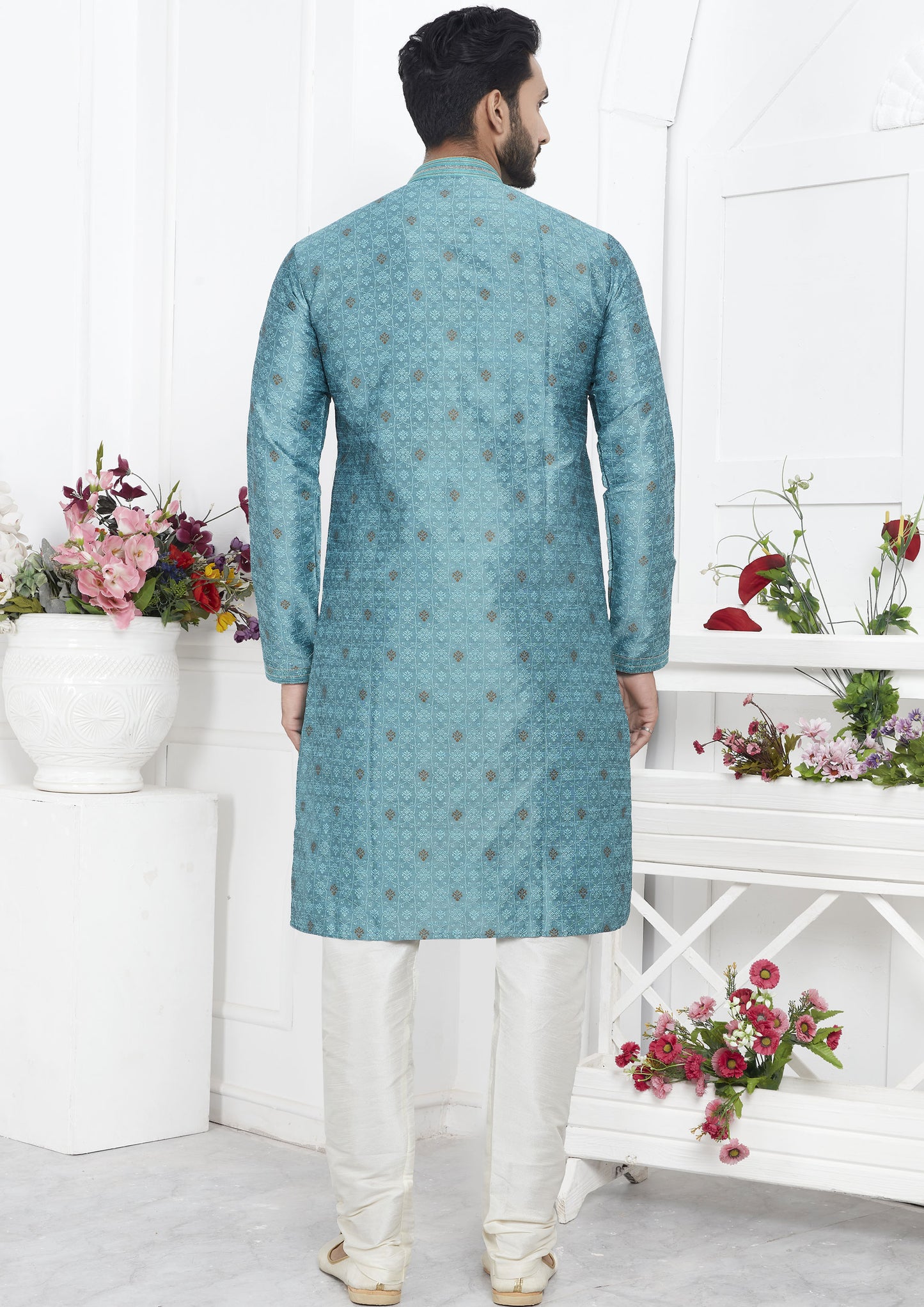 Sky Blue Color Jacquard Silk Brocade Kurta Pajama