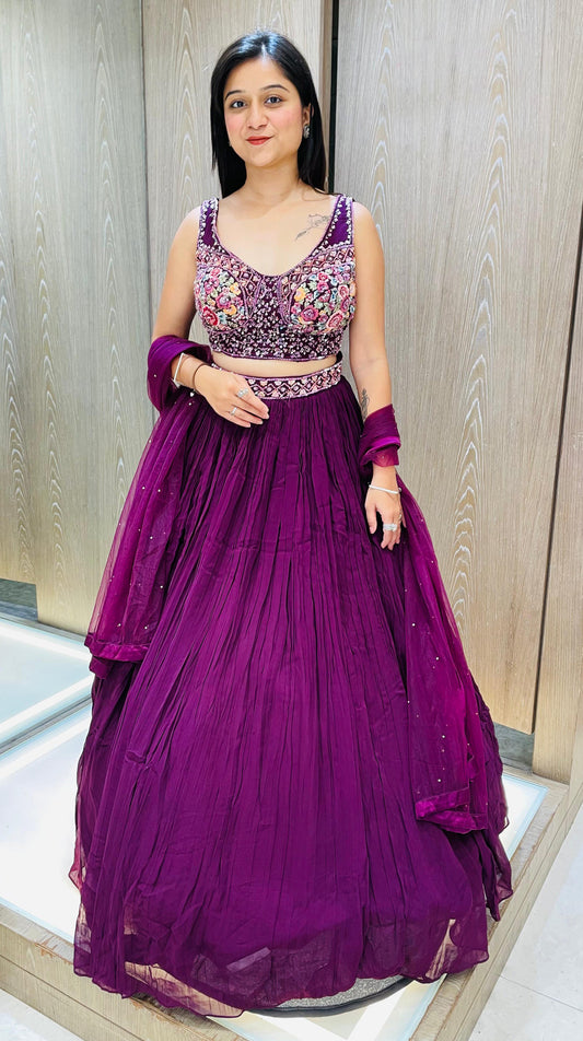 Purple Color Georgette Hand Work Wedding Wear Lehenga