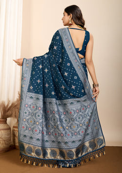 Stylish Teal Color Soft Silk Woven Meenakari Work Saree