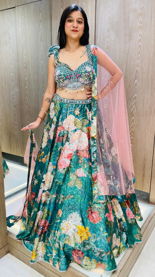 Rama Green Color Satin Floral Print Lehenga