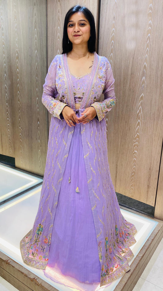 Lavender Color Georgette Resham Work Indo Western