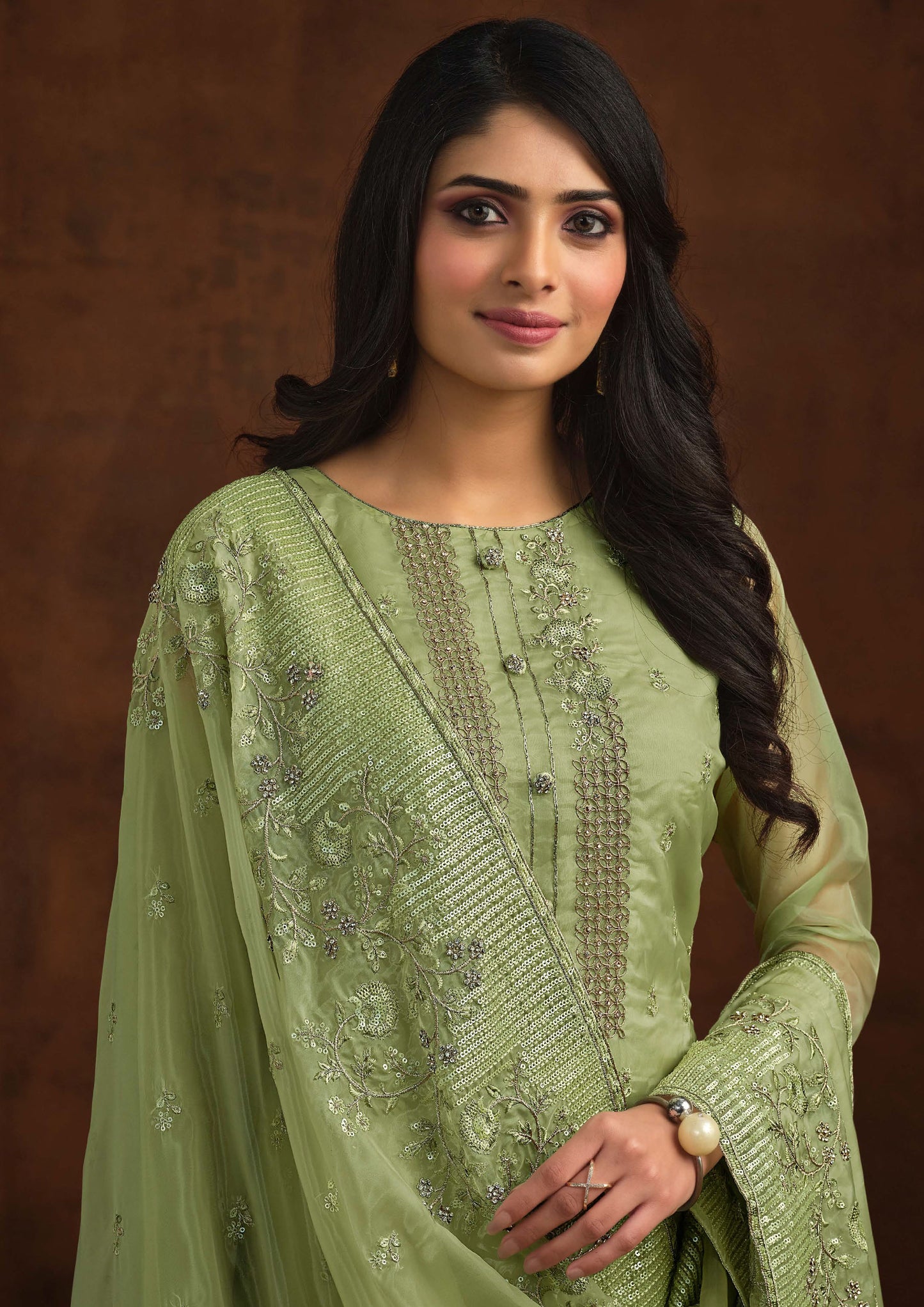 Green Color Embroidered Organza Suit
