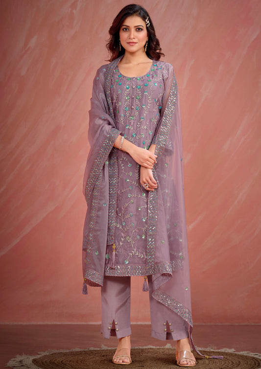 Dusty Purple Color Embroidered Organza Straight Suit