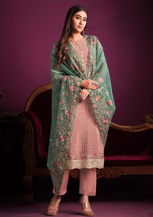 Nice Melon Color Chinnon Salwar suit with Green Dupatta