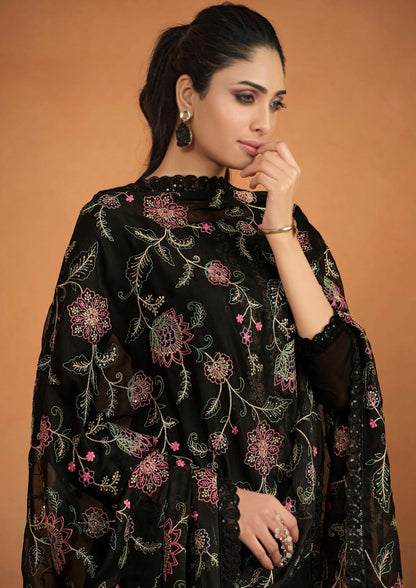 Traditional Black Color Embroidered Georgette Suit